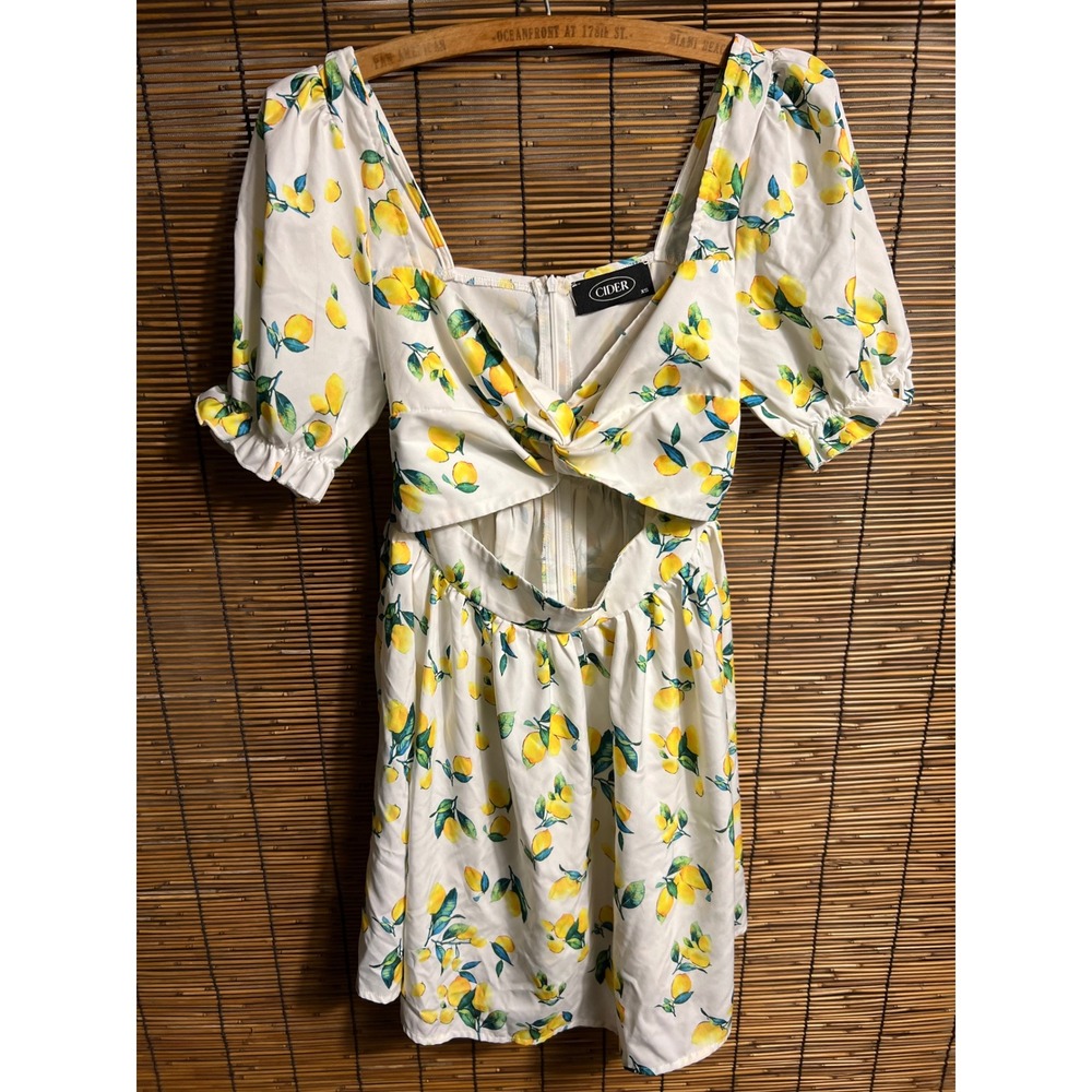 Cider Lemon Print Cutout Mini Dress White Yellow Fruit Twist Front XS